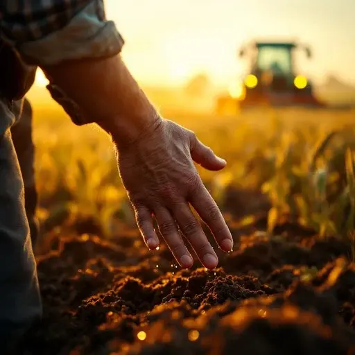 Farmer inspecting soil in managed agricultural land project near Hyderabad