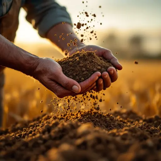 Farmer holding rich soil on managed agricultural land near Hyderabad
