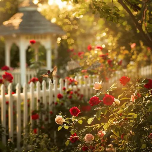 Beautiful farmhouse garden with white fence and gazebo in peaceful farmland